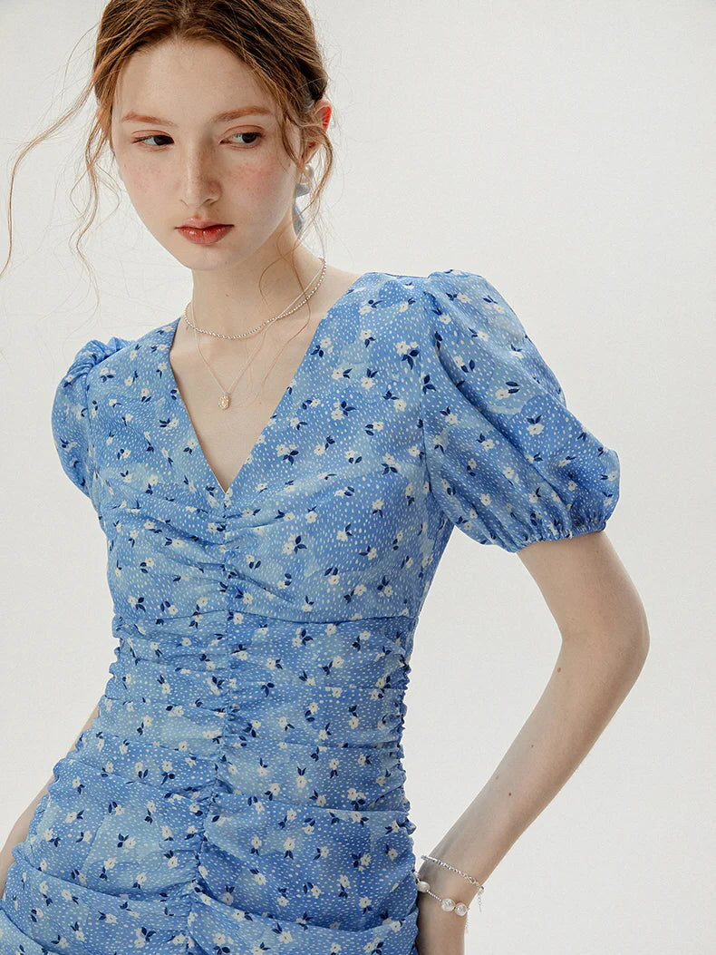 Blue Blossom Ruched Dress