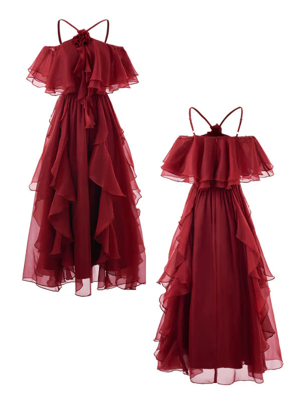 Scarlet Ruffle Off-Shoulder Chiffon Dress