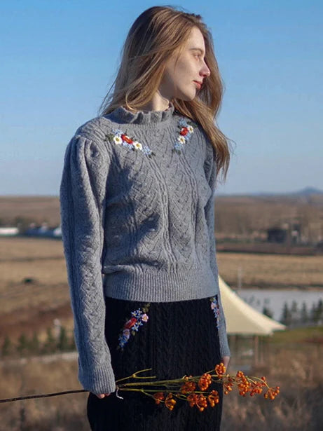 Soft Gray Floral Embroidered Sweater