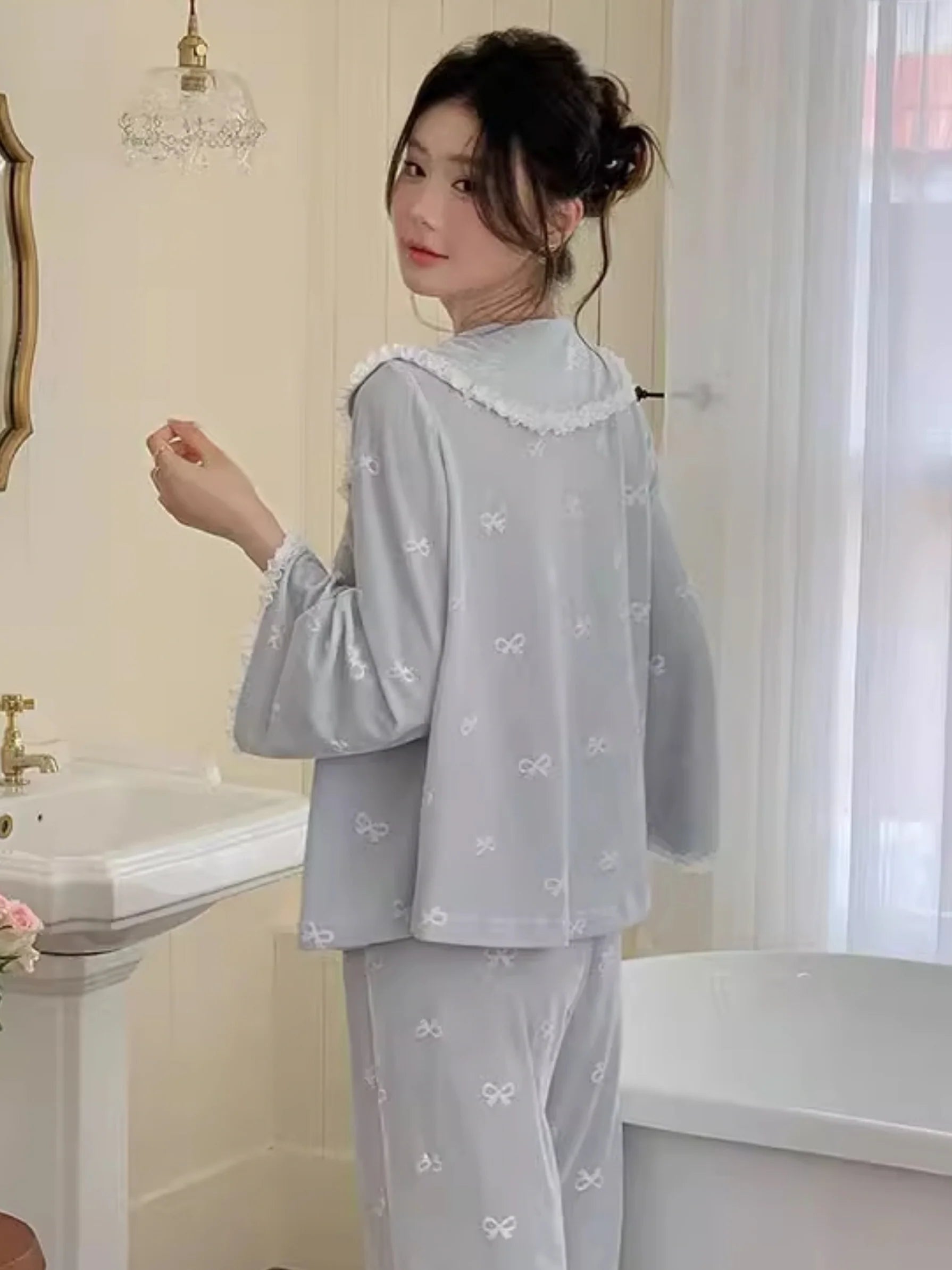 Whimsical Bow Lace Trim Loungewear Set