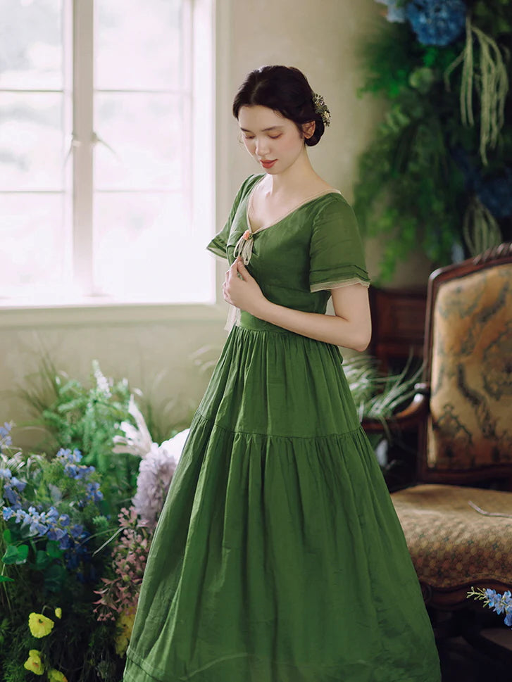 Woodland Green Bow‑Tie Dress