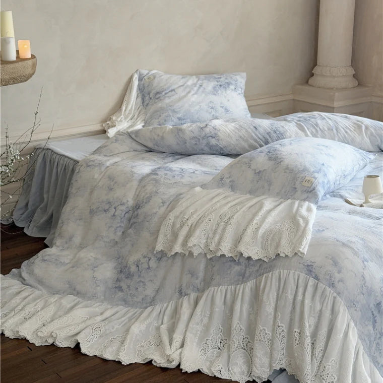 Watercolor Blue Lace Ruffle Bedding Set