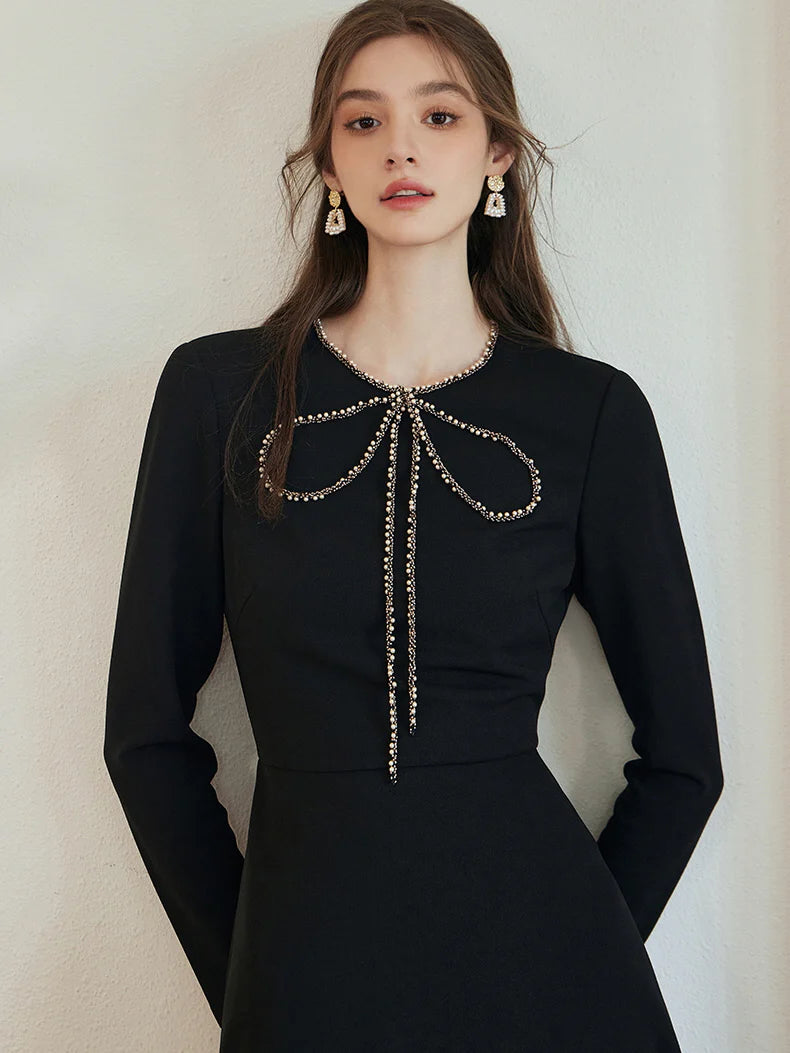 Elegant Black Bow Crystal Accent Dress