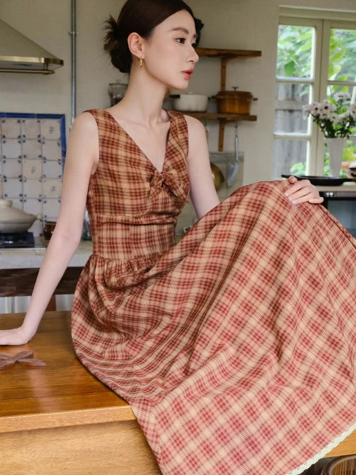 Summer Red Plaid Ribbon Dress