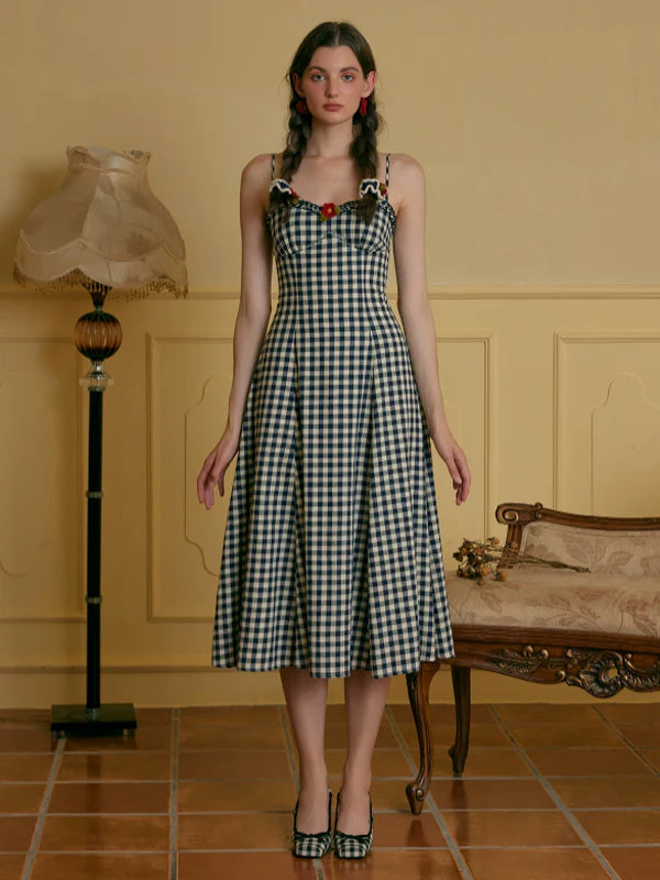 Navy Checkered Cotton Dress