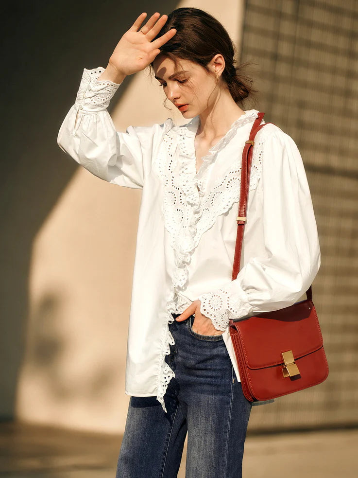 Vintage Eyelet Lace Ruffle Blouse