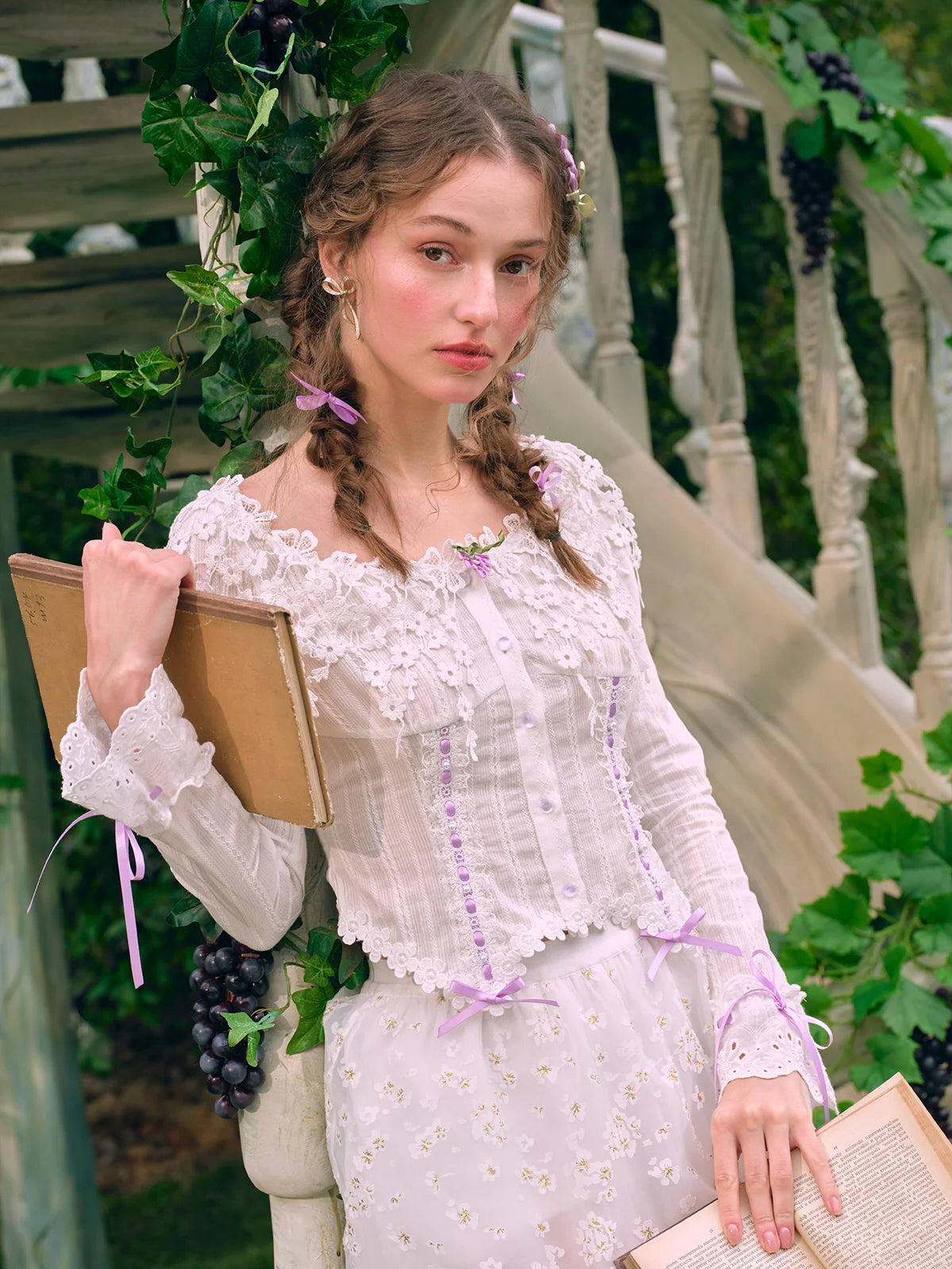 Lilac Ribbon Embroidered Lace Blouse