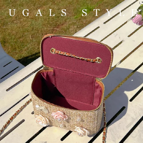 Flower Straw Woven Square Chain Bag