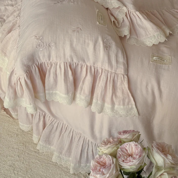 Pink Rose Embroidered Ruffle Bedding Set