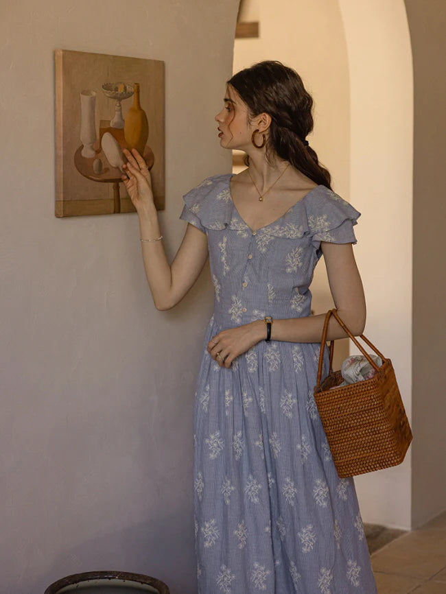 Cottagecore Floral Blue Garden Stripe Dress