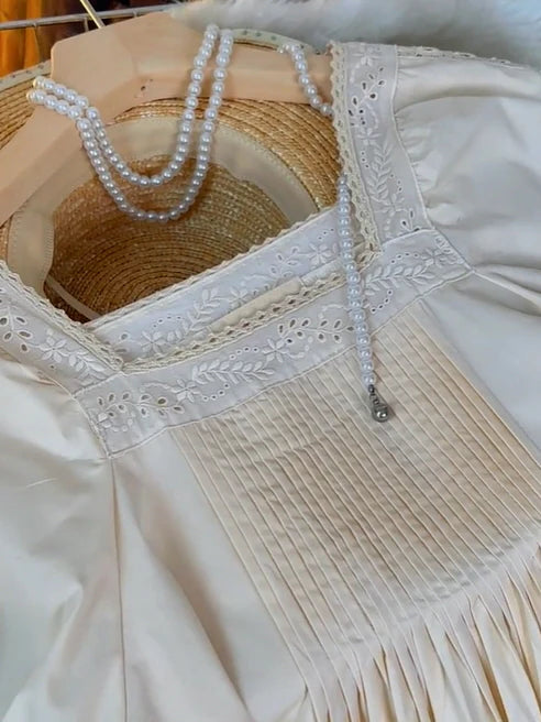 Square Neck Pintuck Cotton Nightgown