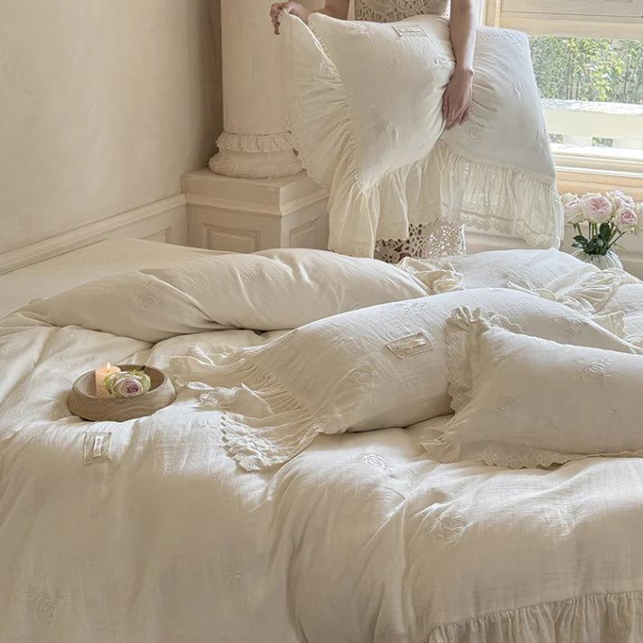 Blush Cream Ruffle Lace Bedding Set