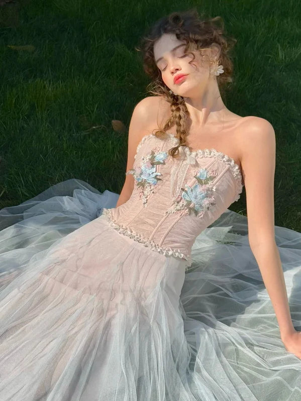 Pastel Bloom Embroidered Corset & Tulle Skirt