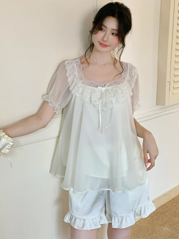 Blush Ruffle Lace Chiffon Pajama Set