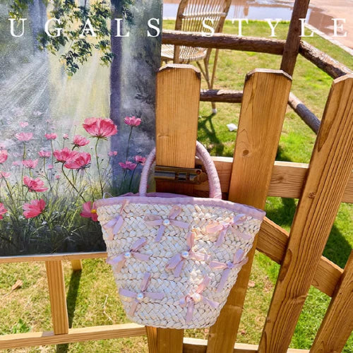 Summer Vacation Straw Ribbon Tote Bag