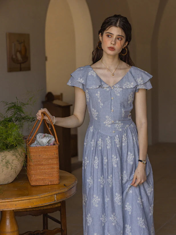 Cottagecore Floral Blue Garden Stripe Dress