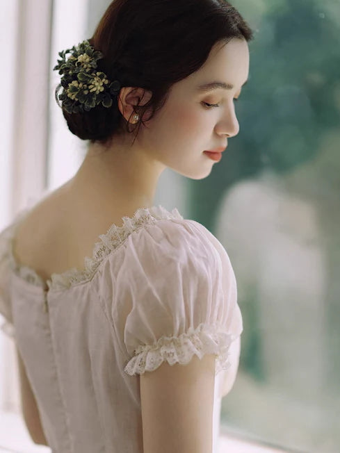 Blush Pearl‑Detail Lace Trim Dress