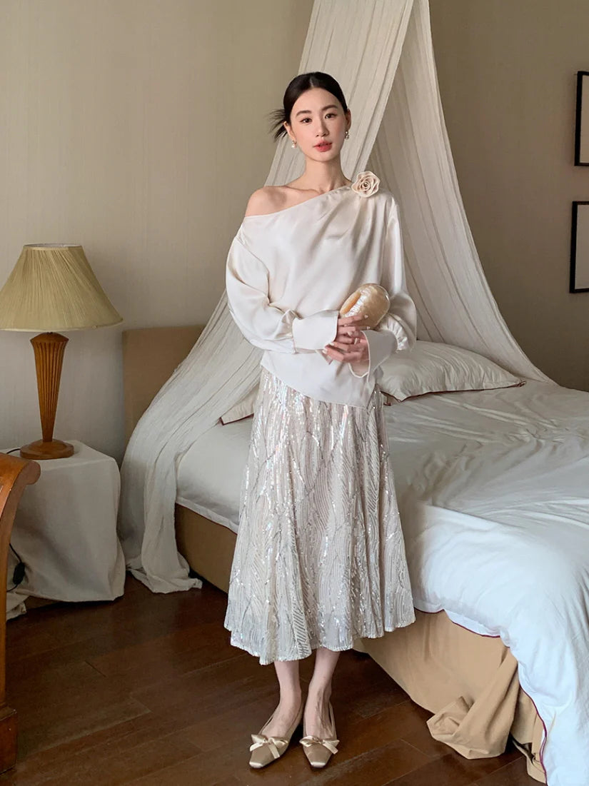 Champagne Sequin A-Line Skirt