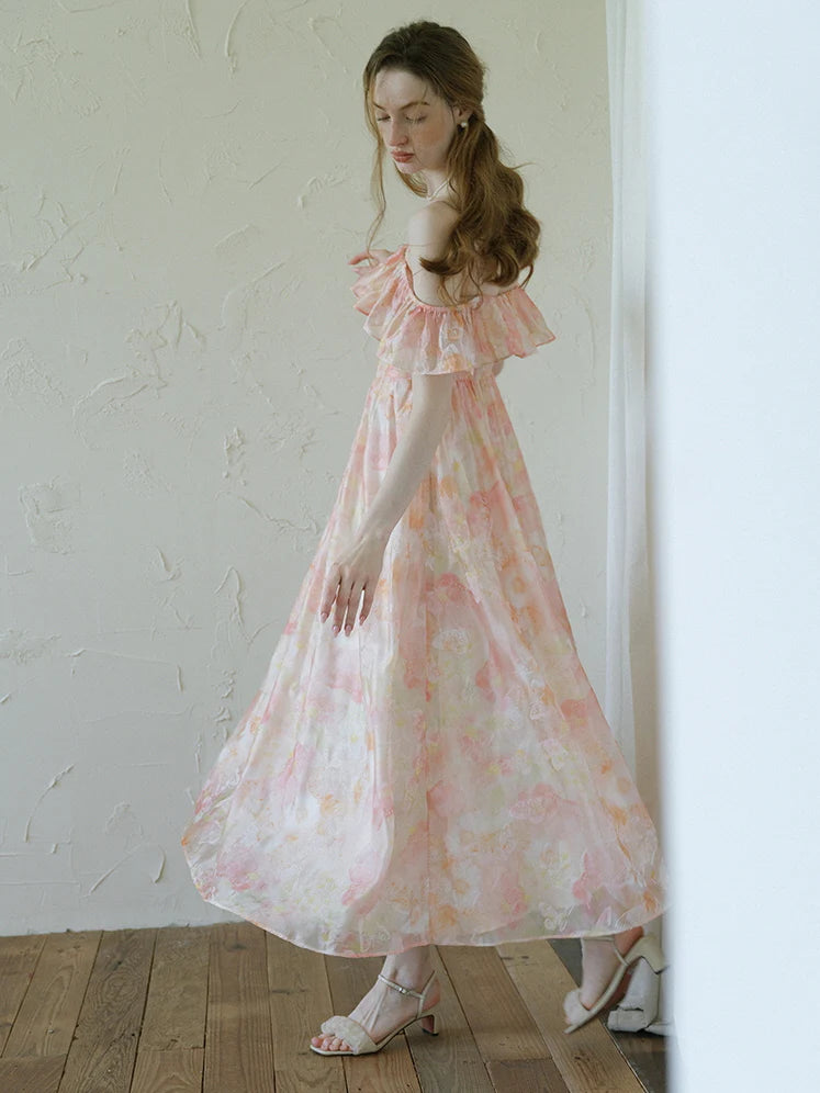 Peach Blossom Off-Shoulder Ruffle Dress