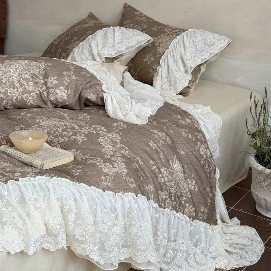 Brown Floral Lace Ruffle Bedding Set