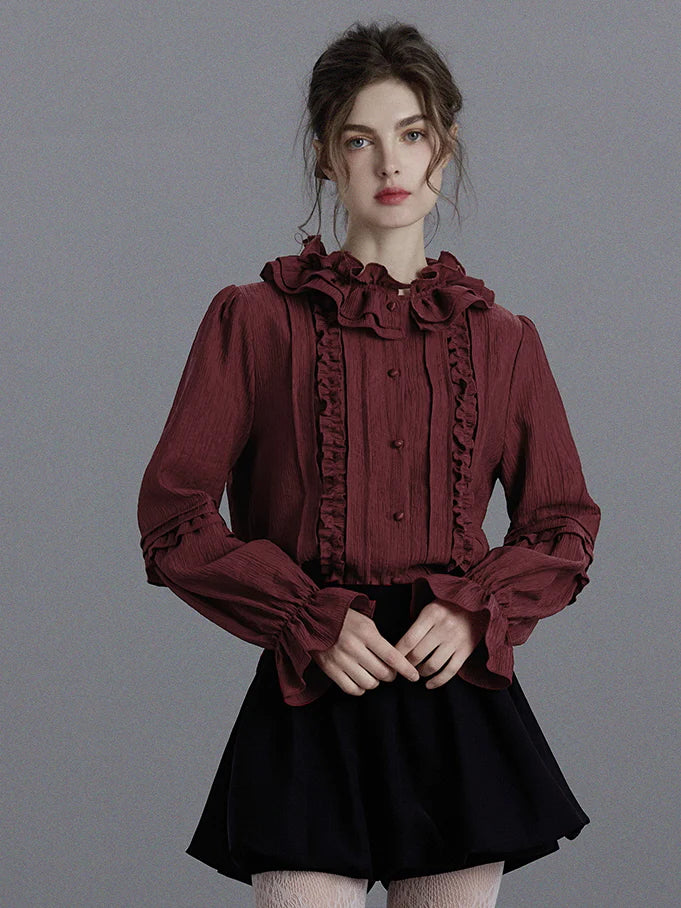 Elegant Wine Ruffled Victorian Blouse