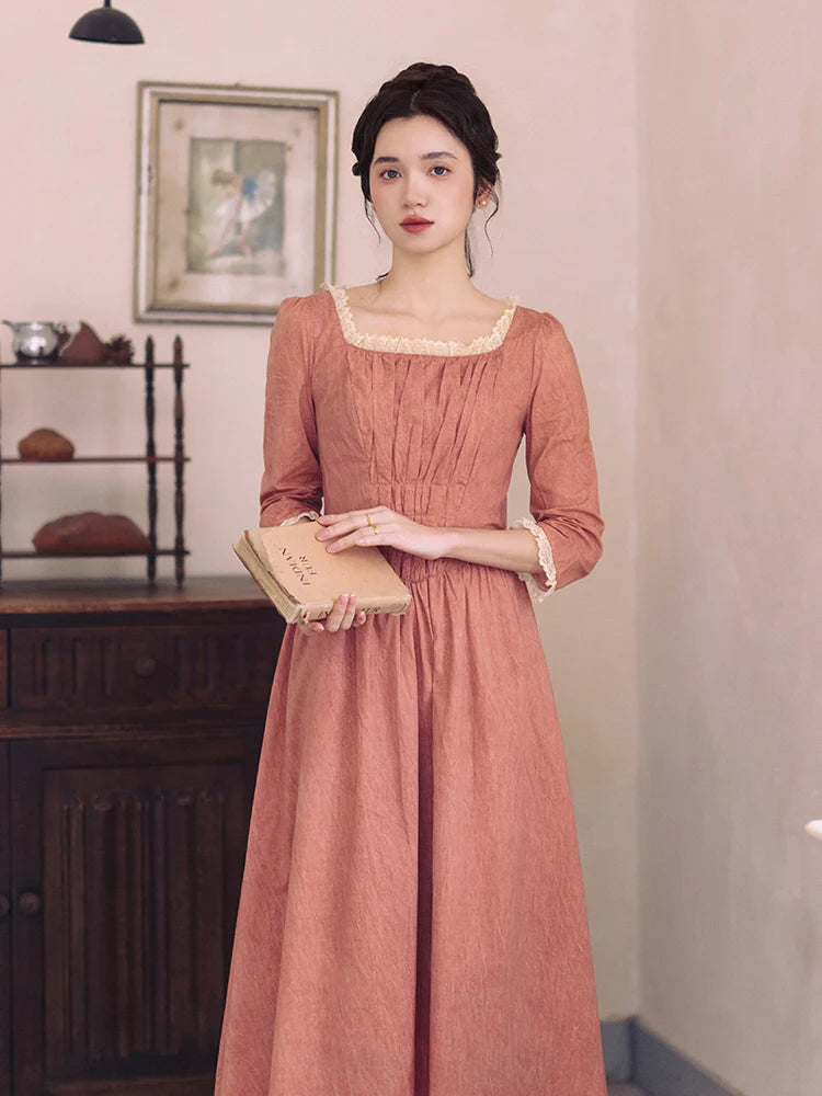 Retro Lace-Trimmed Cotton Dress