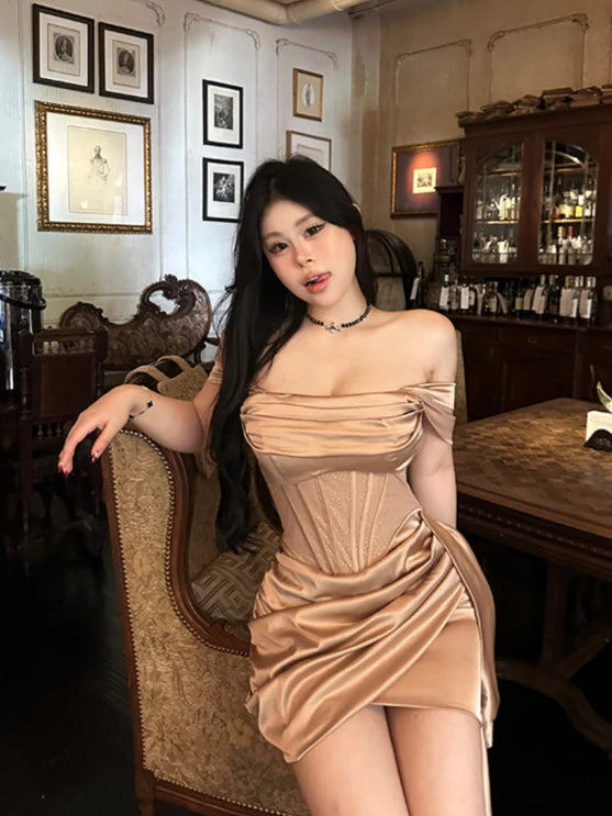 Champagne Satin Corset Mini Dress