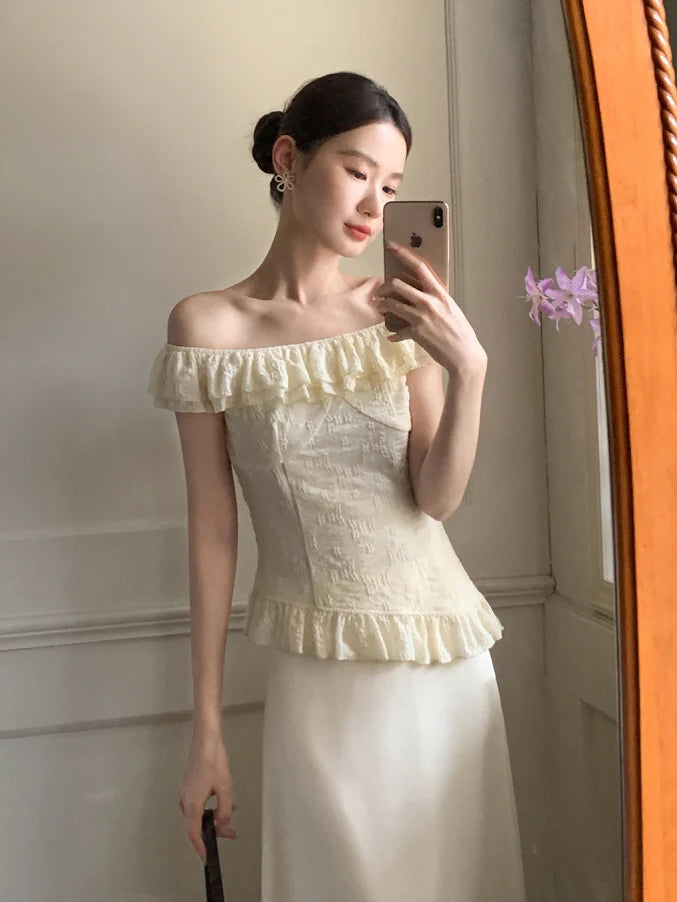Ivory Ruffle Top & Satin Flare Skirt