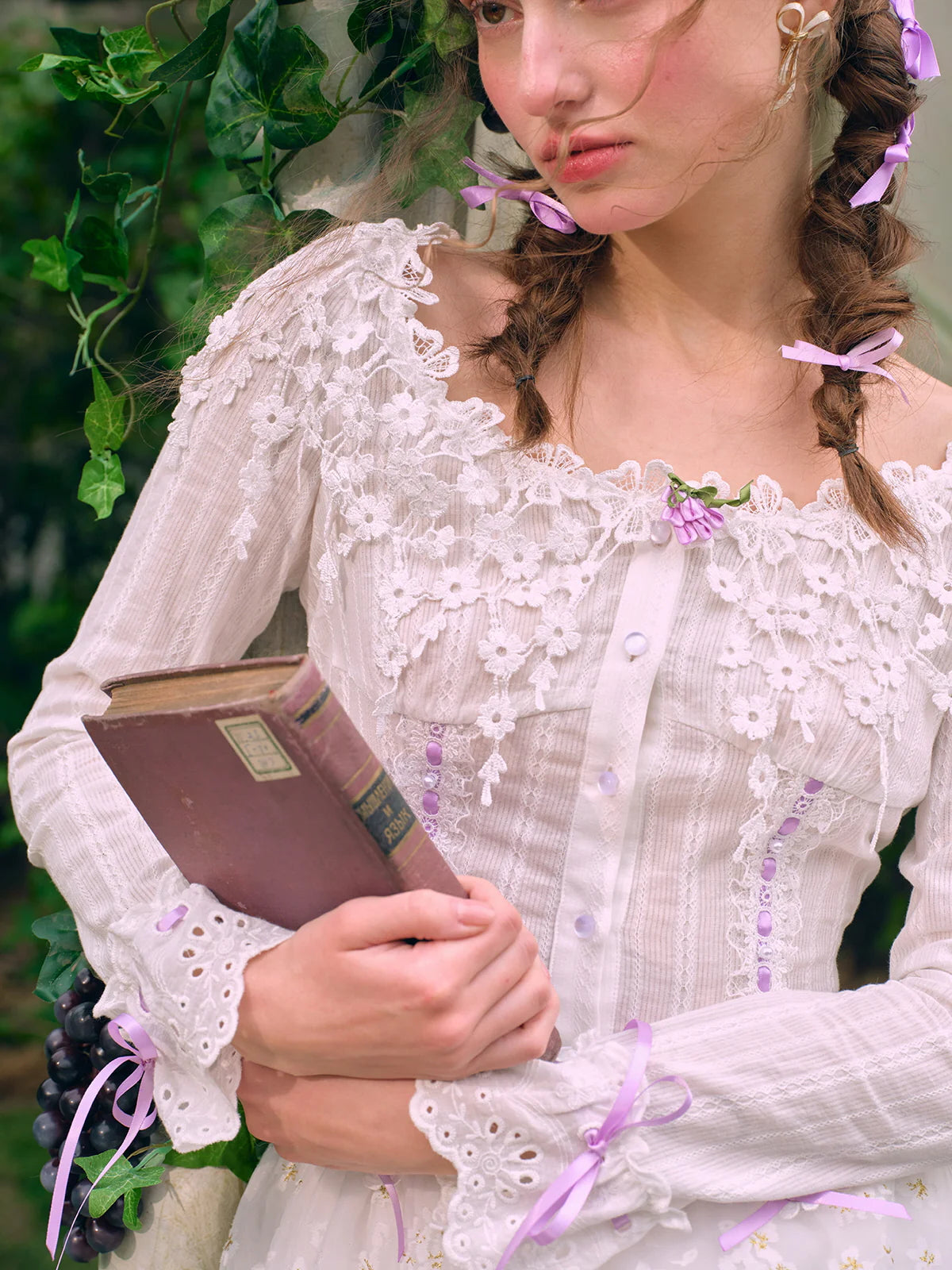 Lilac Ribbon Embroidered Lace Blouse