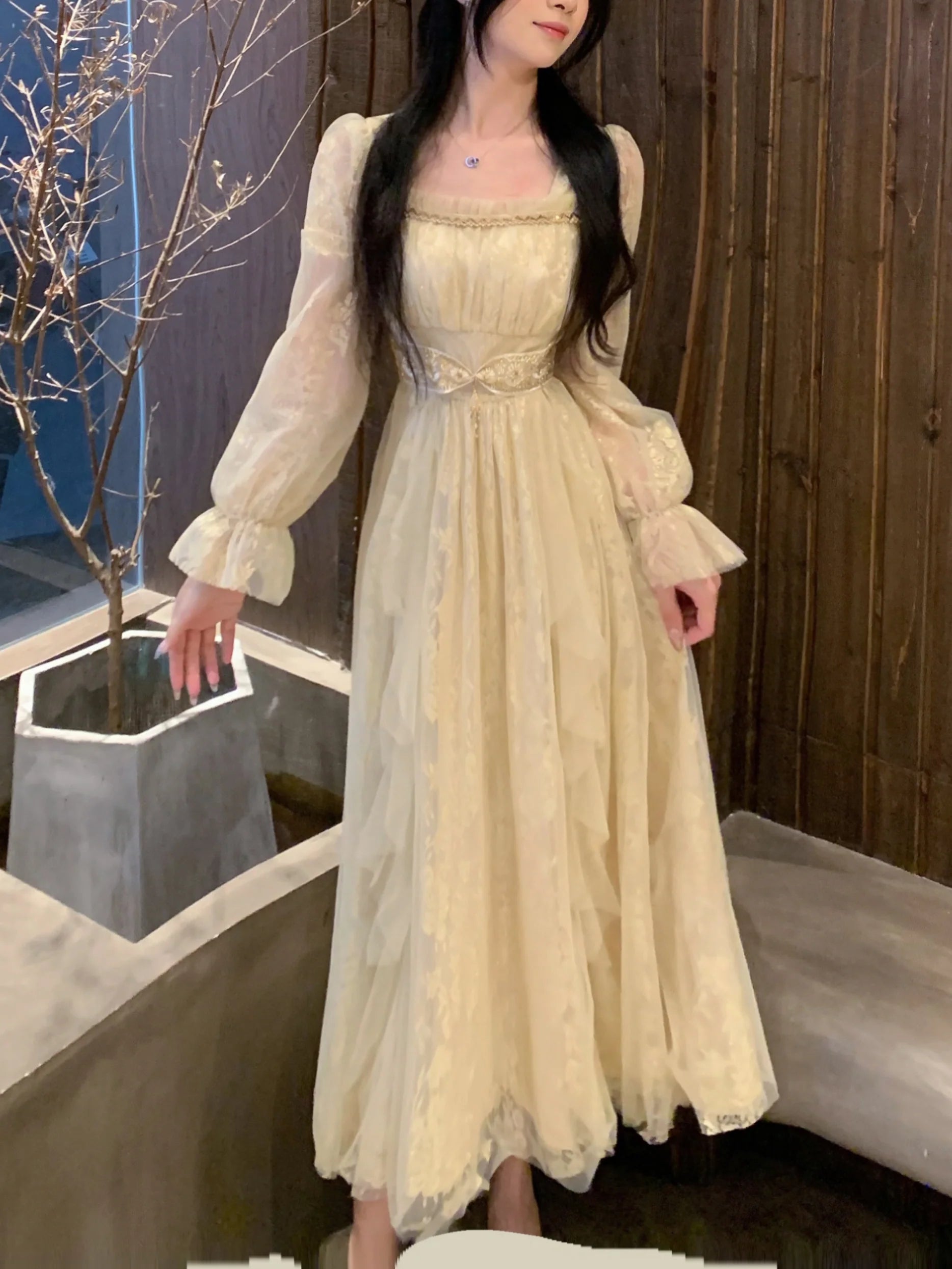 Golden Elegance Vintage Lace Dress