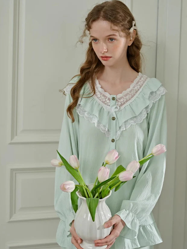 Mint Ruffle Lace Cottagecore Pajama Set