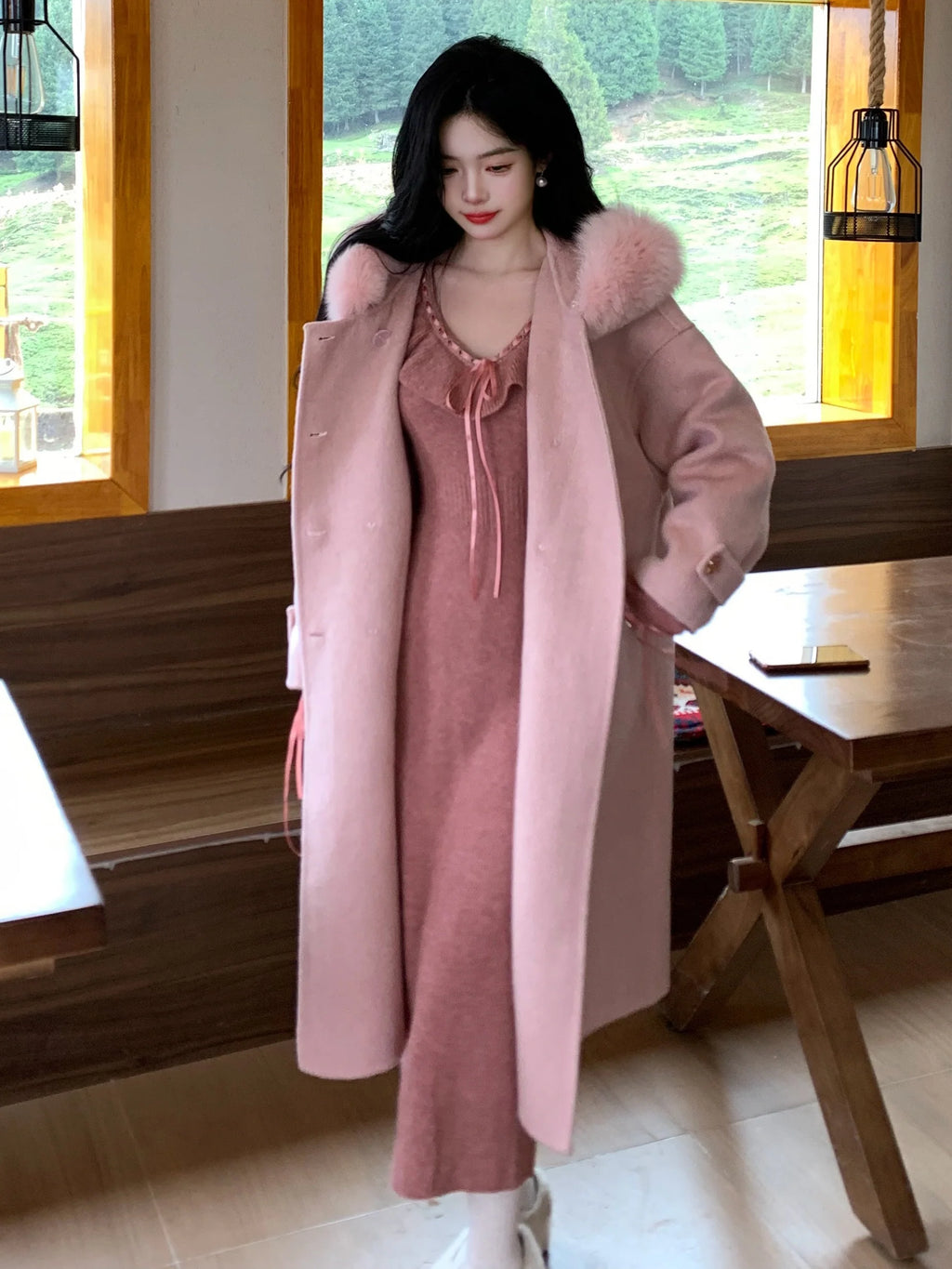 Fur Collar Wool Double-Breasted Coat