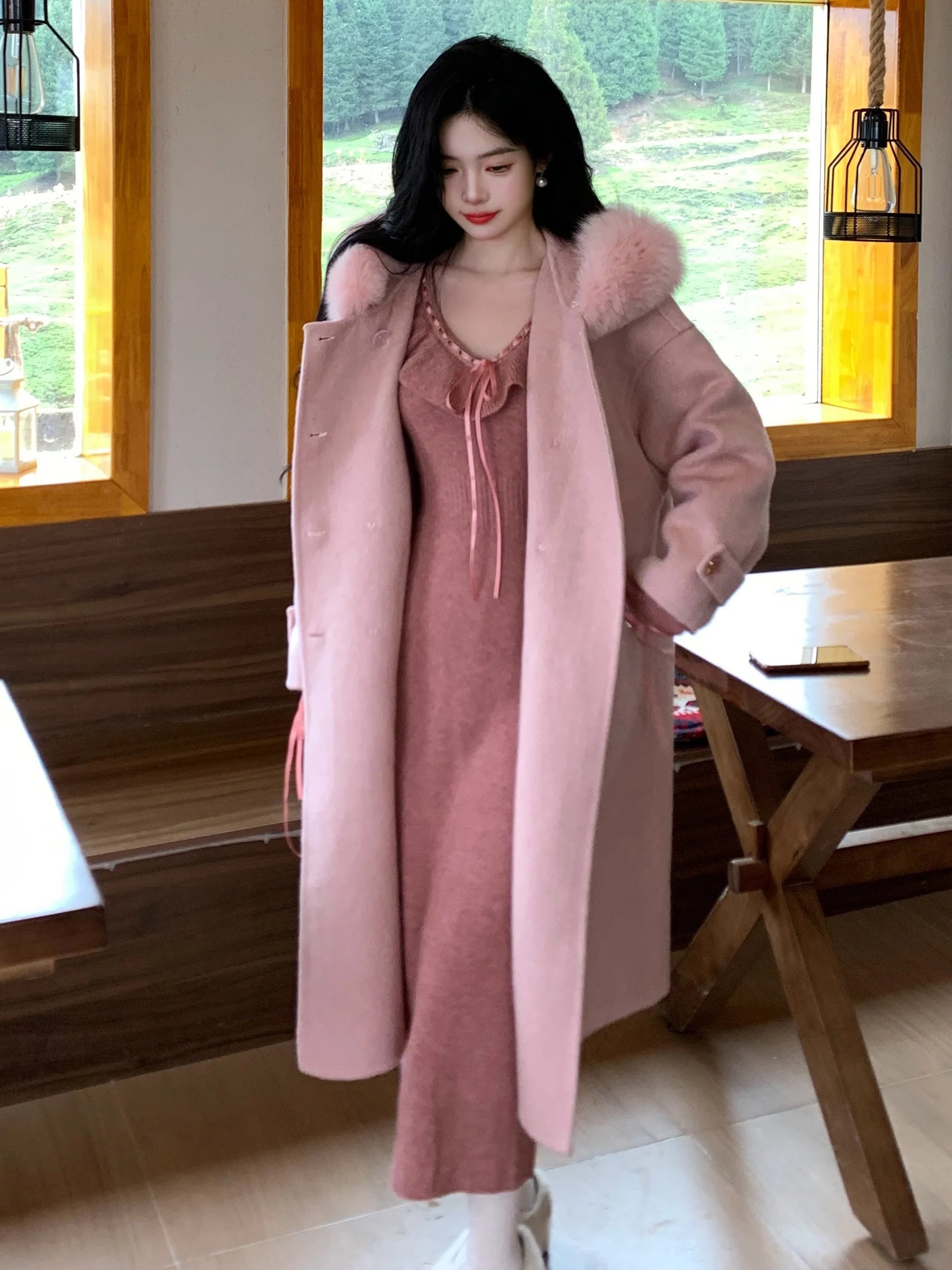 Fur Collar Wool Double-Breasted Coat