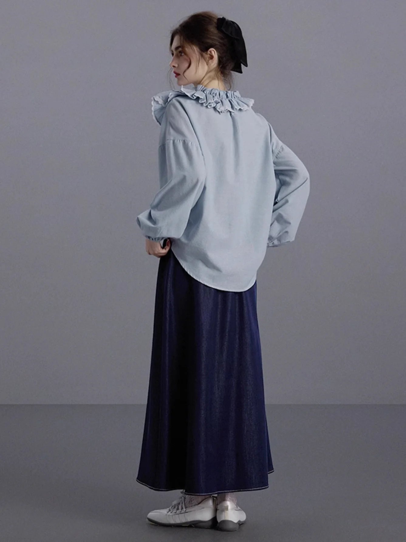 Blue Ruffled Linen-Blend Blouse