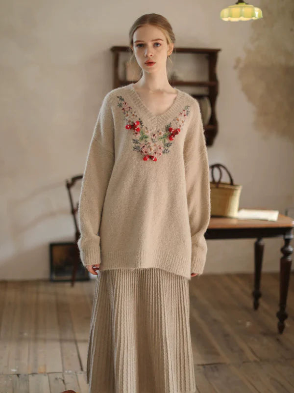 Elegant Floral Cashmere V-Neck Sweater