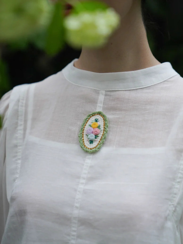 Embroidered Floral Brooch Linen Cotton Blouse