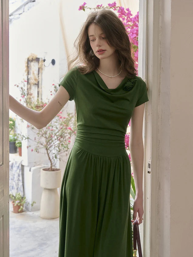 Emerald Whisper Draped Neckline Dress