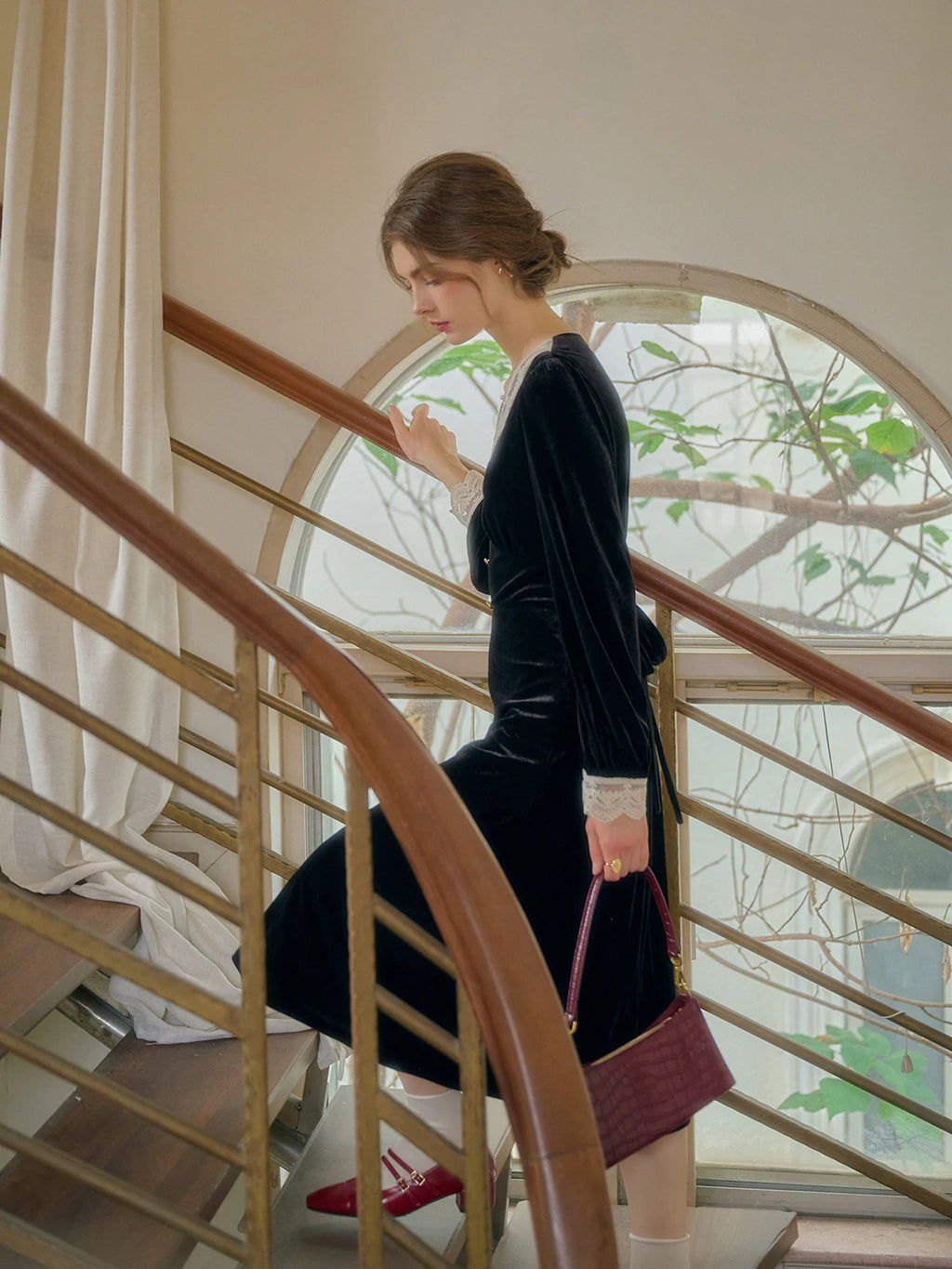 Lace Trim Vintage Velvet Elegance Dress