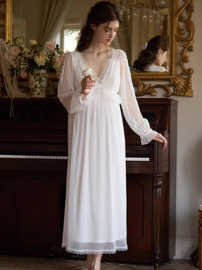 Ethereal Lace Trim Long Sleeve Nightgown
