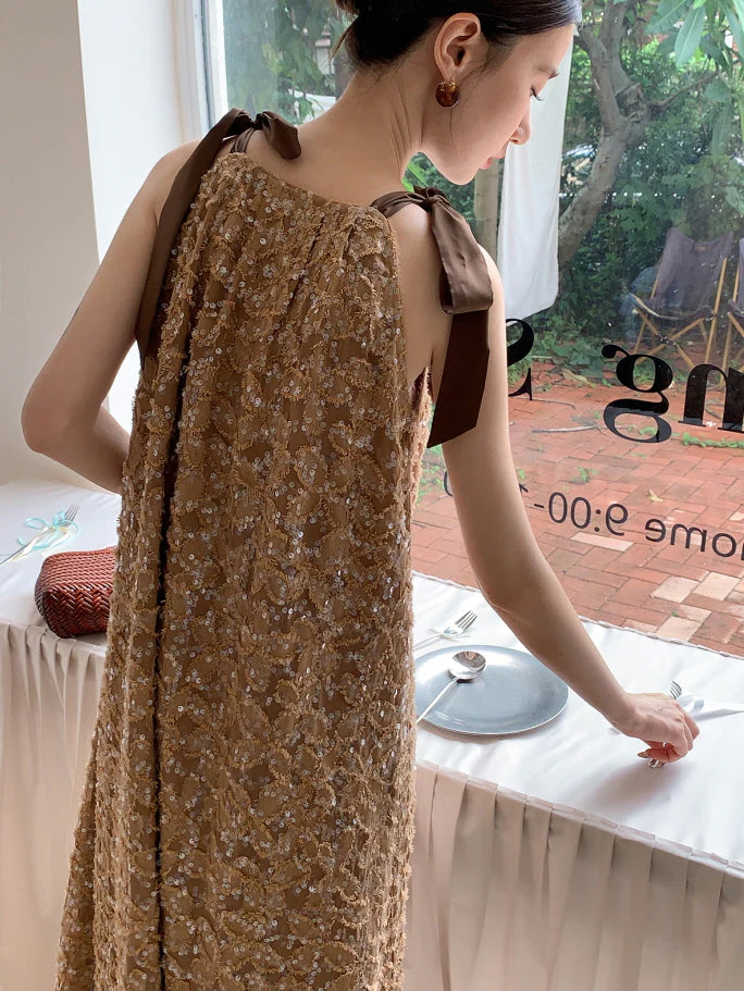 Golden Sequin Ribbon Strap Dress