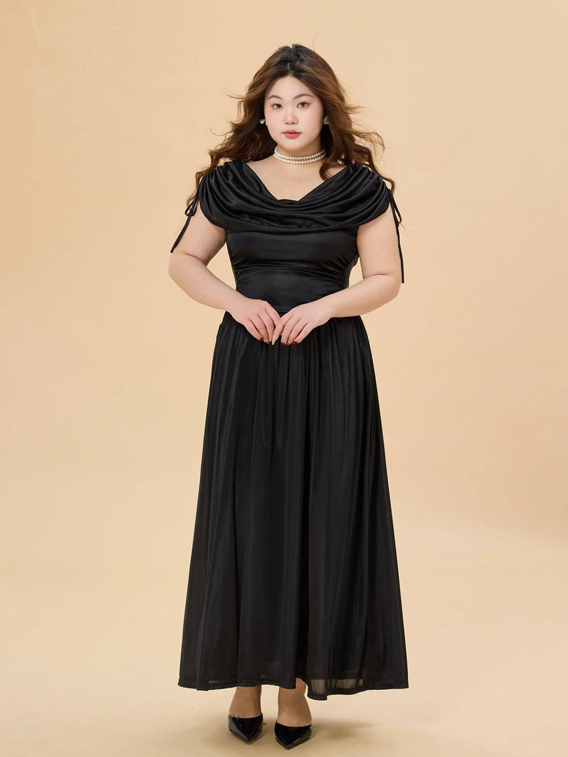 Midnight Satin Plus Size Dress with Draped Shoulders