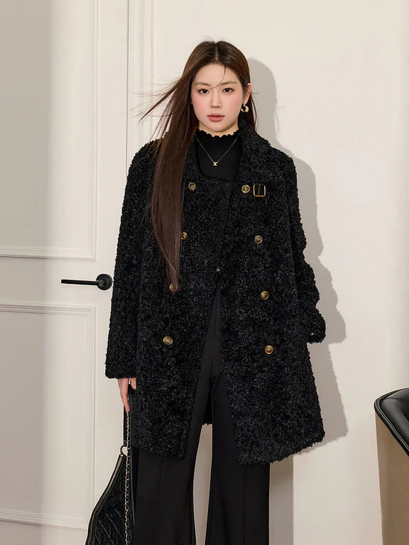 Elegant Double-Breasted Faux Fur Coat