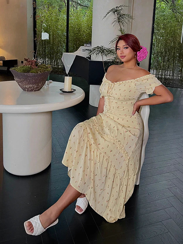 Lemon Blossom Ruffle Midi Dress