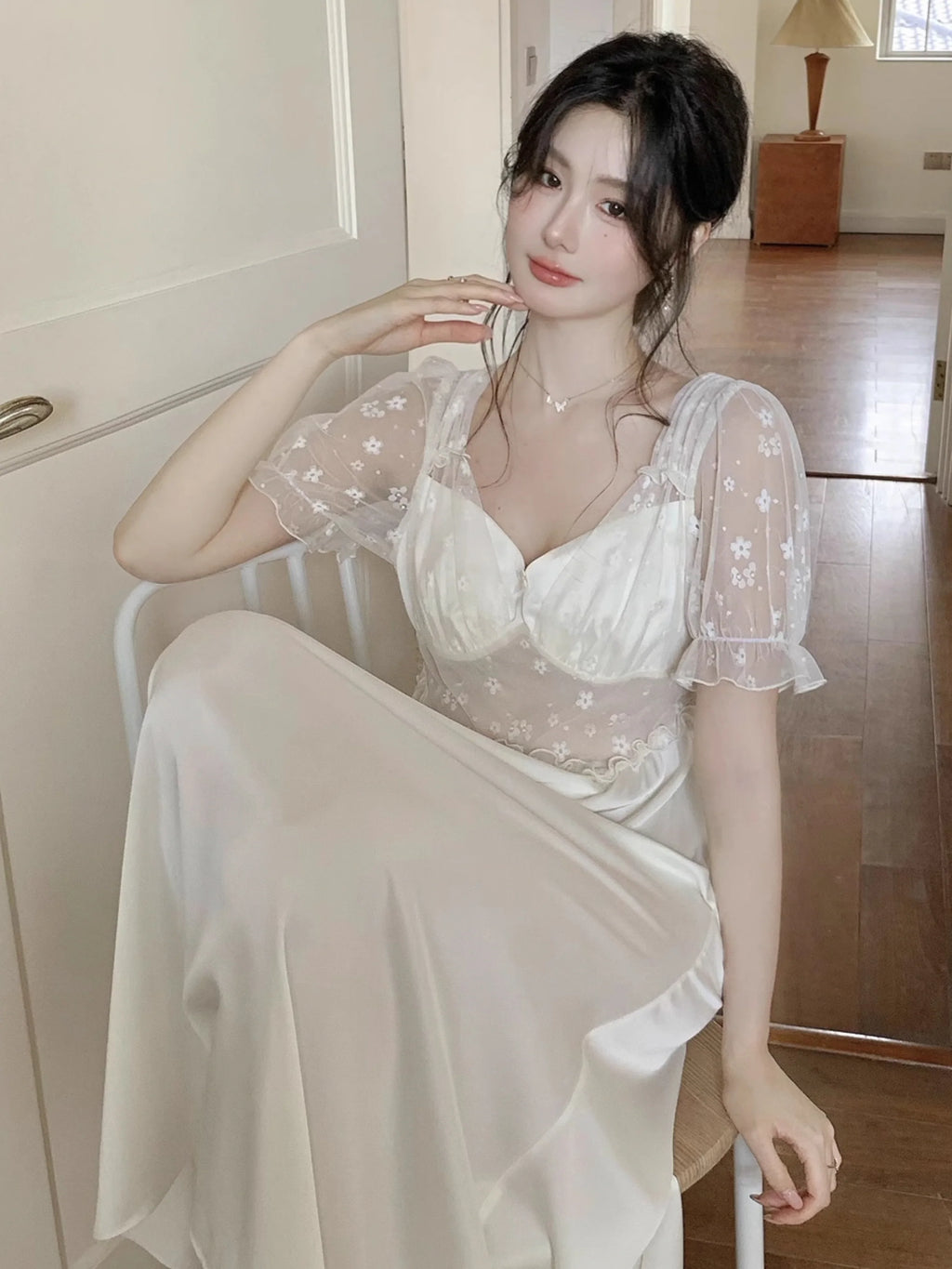 Blush Petal Embroidered Mesh Nightdress