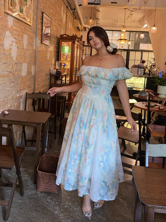 Pastel Garden Off-Shoulder Lace Dress