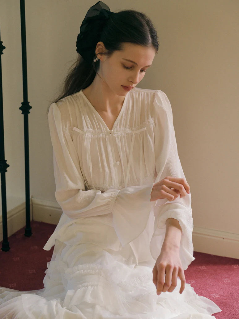 Ethereal White Pleated Chiffon Blouse