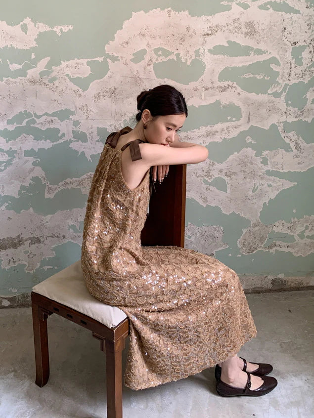 Golden Sequin Ribbon Strap Dress