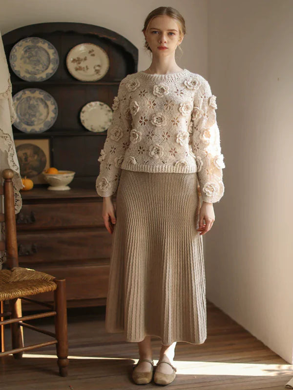 Simple Beige Pleated Wool Skirt