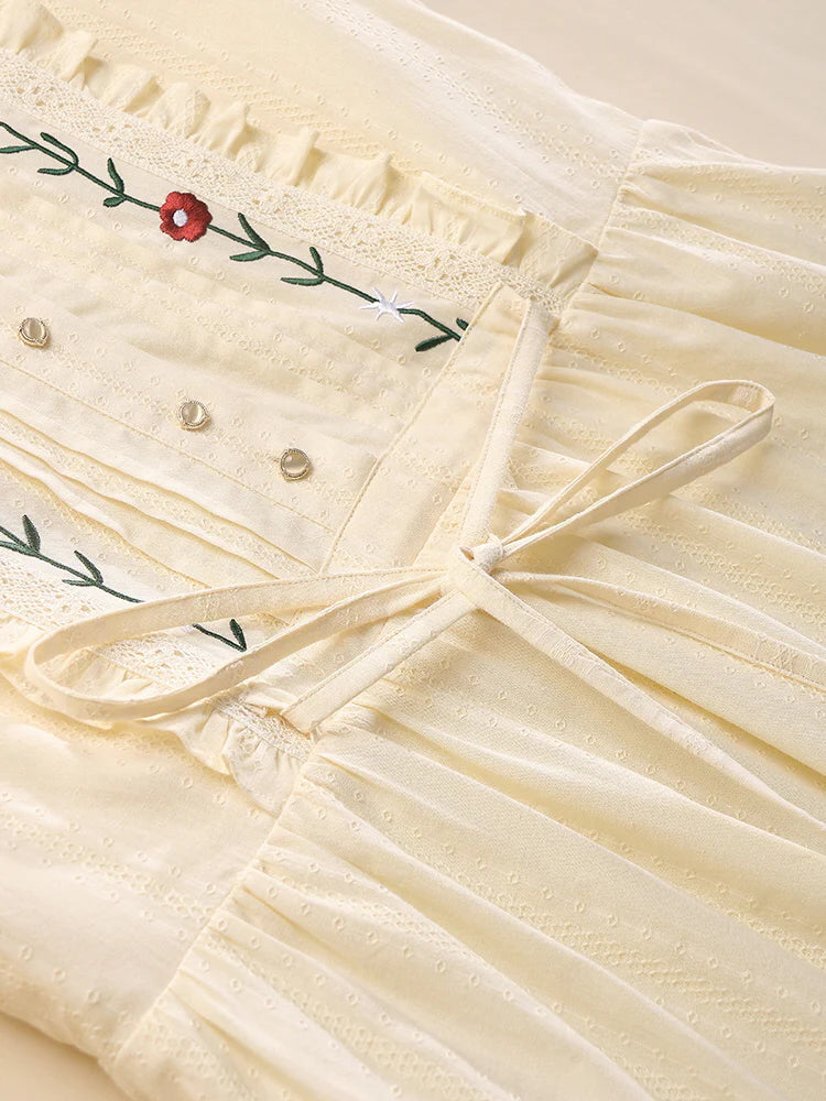Floral Embroidery Ruffle Trim Cream Cotton Dress