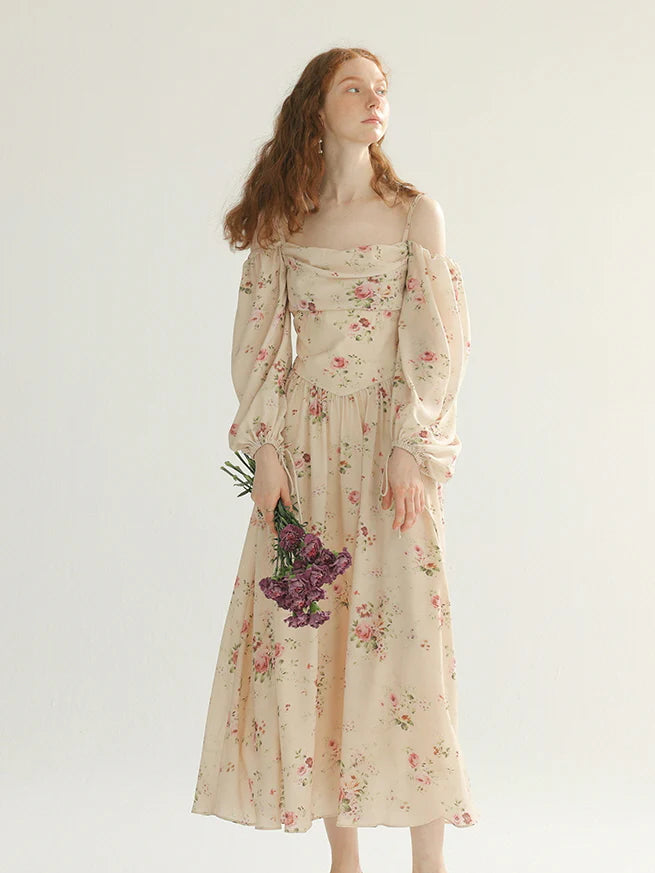 Vintage Rose Garden Off-Shoulder Dress